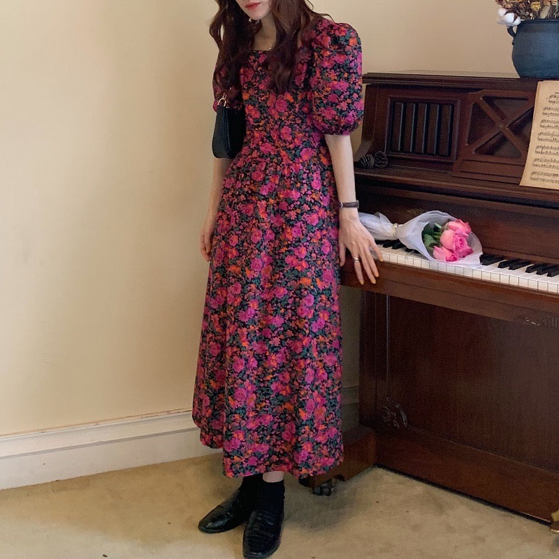 Square Neck Fuchsia Midi Floral dress