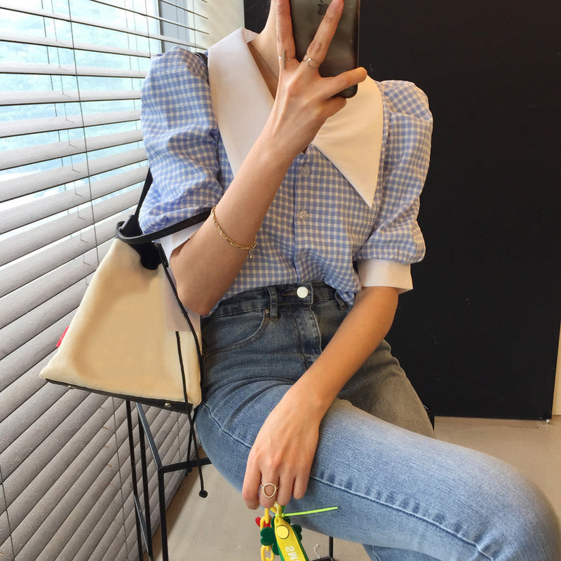 Short Sleeve Checkered Blouse with Pointed Collars