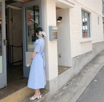 Korean Style Puff Sleeve Pleated Midi Dress