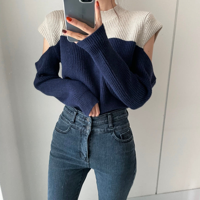 Color Block Cold Shoulder Mock Neck Knitted Sweater