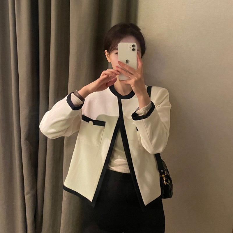 Classic Black & White Contrasting Trim Round Neck Open Front Jacket