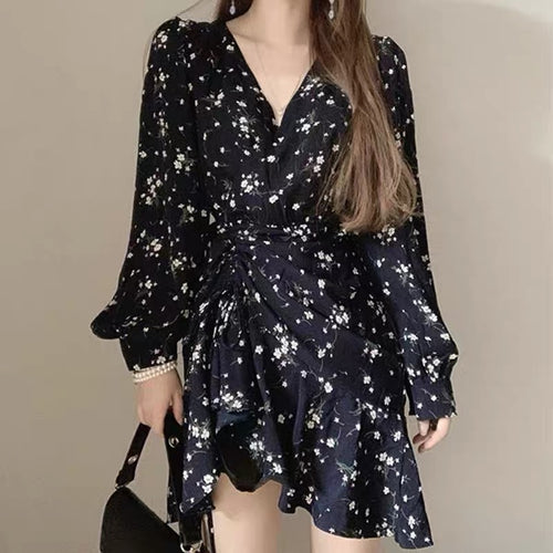 Floral V-Neck Side Drawstring Long Sleeve Dress