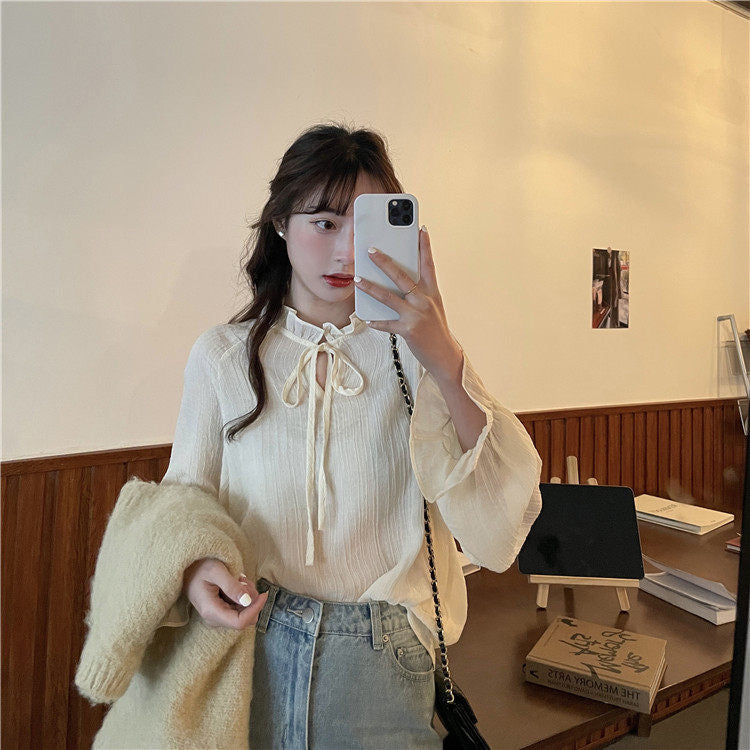 Chiffon Long Sleeve Ruffle Tie Neck Blouse with Knit Vest