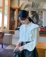 Ruffled Neck Pleated Balloon Sleeve Blouse