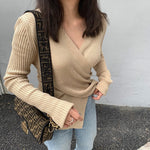 Cross-Over V-Neck Ribbed Knit Top