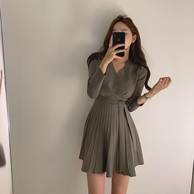 Korean Style Soft Knit Wrap Style Mini Dress