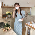 Korean Style Floral Printed V-Neck Wrap Dress