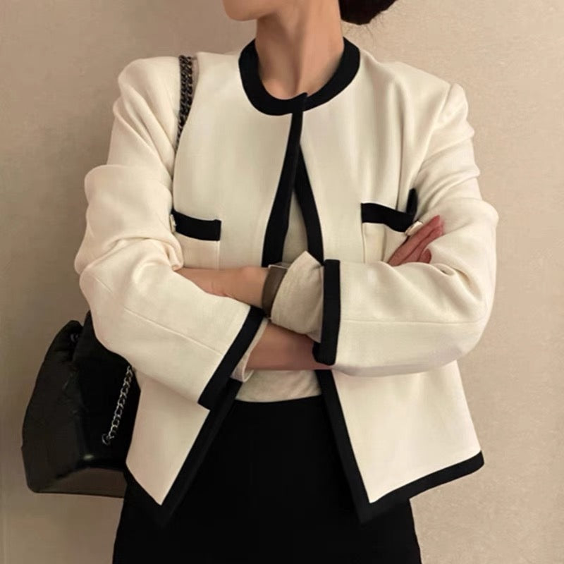 Classic Black & White Contrasting Trim Round Neck Open Front Jacket