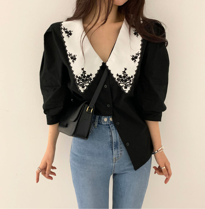 Vintage Style Shirt with Oversized Embroidered Collars