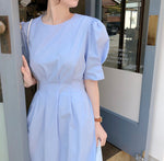 Korean Style Puff Sleeve Pleated Midi Dress