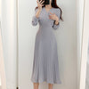 Long Sleeve Belted Pleated Chiffon Midi Dress