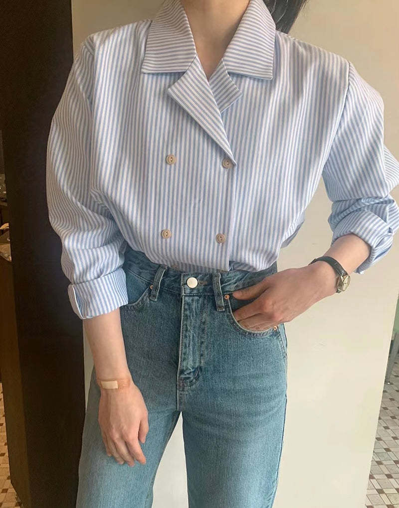 Blue Stripe Double Breasted Cotton Blouse