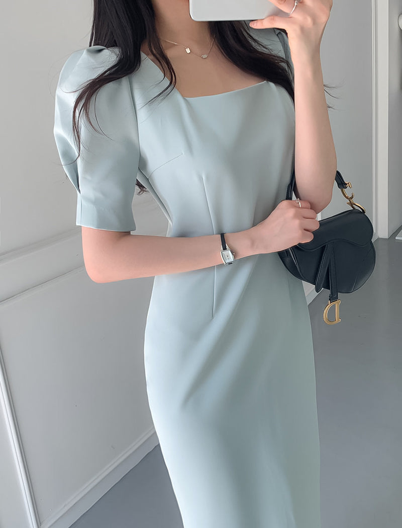 Square Neck Short Sleeve Fitted Midi Dress