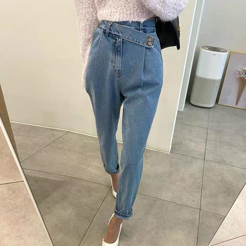 Designer High-Rise Asymmetrical Side Buttons Denim Pants