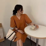 Minimalist Pumpkin-Colored Puffed Sleeve V-Neck Cotton Mini Dress