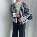 V-Neck Collarless Plaided Tweed Jacket