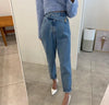 Designer High-Rise Asymmetrical Side Buttons Denim Pants