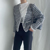 V-Neck Collarless Plaided Tweed Jacket