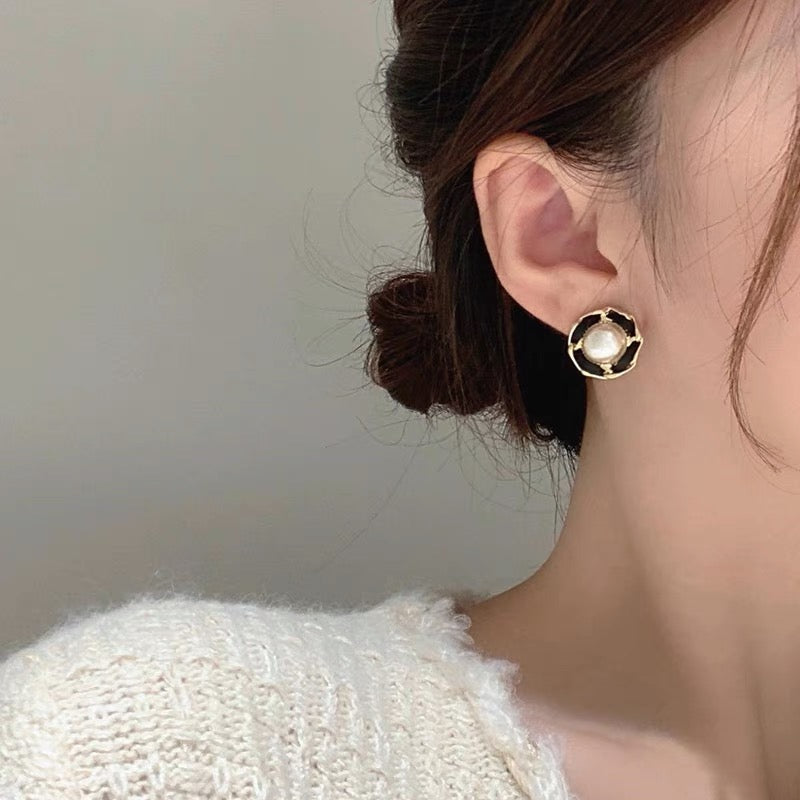 Pearl with Leather Circle Ear Studs