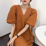 Minimalist Pumpkin-Colored Puffed Sleeve V-Neck Cotton Mini Dress