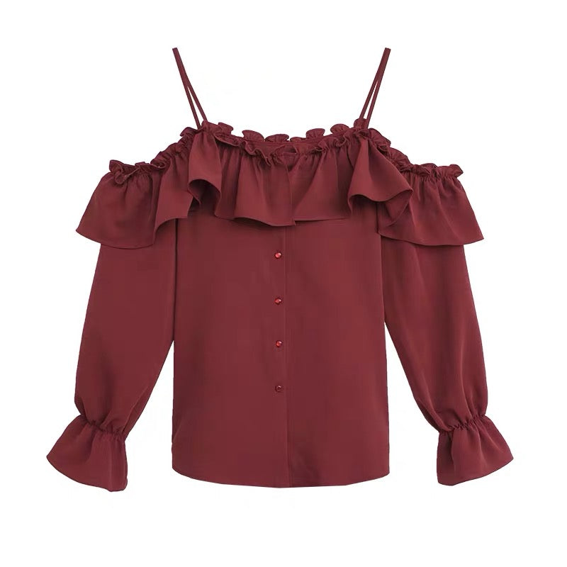 Off-The-Shoulder Ruffled Chiffon Sling Top