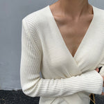 Cross-Over V-Neck Ribbed Knit Top