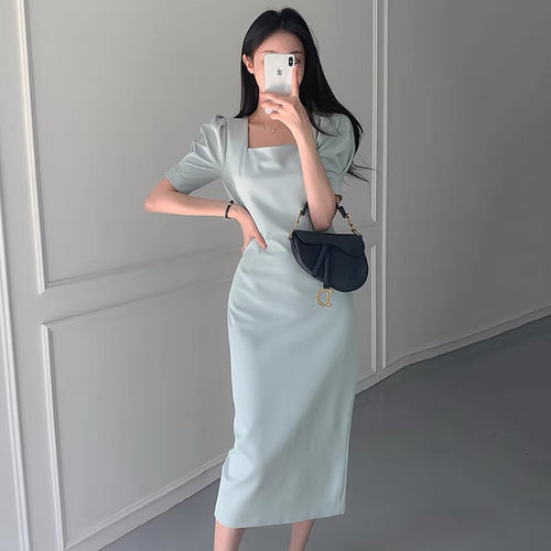 Square Neck Short Sleeve Fitted Midi Dress