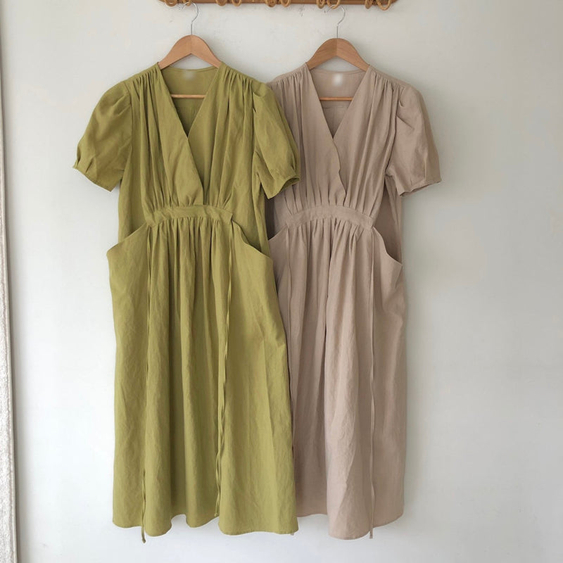 Matcha Green / Beige V-Neck Belted Dress with Pockets