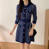 Classic Dark Blue Houndstooth Buttoned Knit Dress