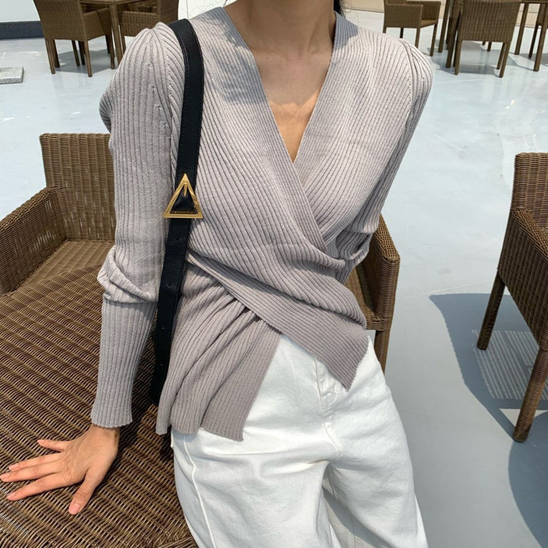 Cross-Over V-Neck Ribbed Knit Top