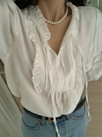 French Romance Ruffled V-Neck Ribbon Tie Blouse