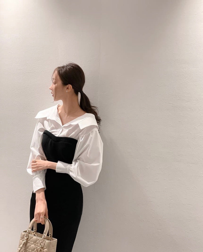 Black & White Shirt Collar Spliced Knitted Bodycon Dress MyDearCloset Black & White Shirt Collar Spliced Knitted Bodycon Dress MyDearCloset