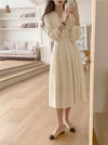 V-Neck Front Button Back Tie Pleated Chiffon Dress