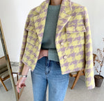 Designer Bubble Gum Houndstooth Cropped Tweed Blazer