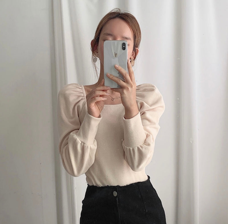 Cotton Knit Square Neck Puffed Sleeve Top