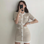 Classic Knitted Fitted Mini Dress with Shiny Metal Buttons