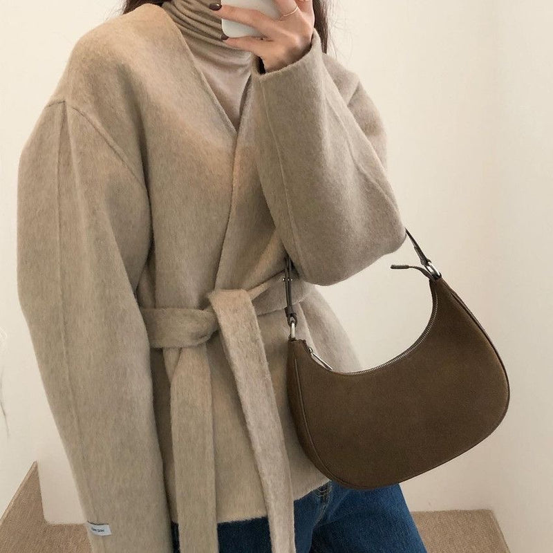 Minimalist Collarless Wool Blend Coat with Belt