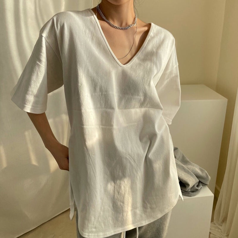 Korean Style V-Neck Oversized T-Shirt with Side Slits