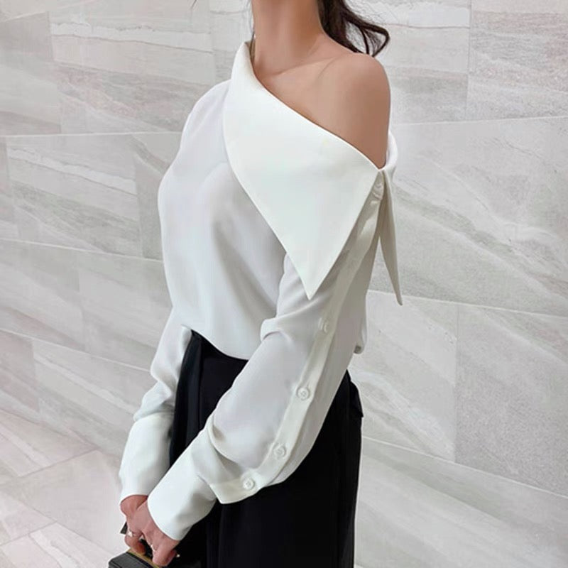 Asymmetrical Designer Off-Shoulder Button-Up Sleeve Shirt