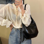 Chiffon Long Sleeve Ruffle Tie Neck Blouse with Knit Vest