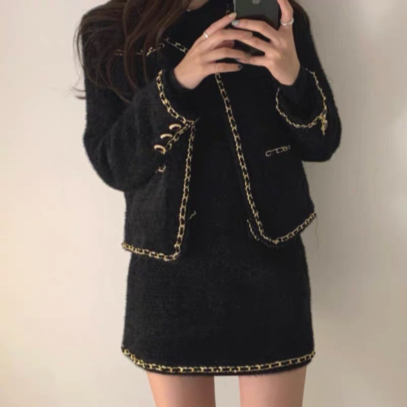 Buttonless Tweed Jacket with Mini Skirt Set