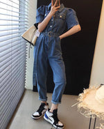 Short Sleeve Blue Denim Utility Jumpsuit