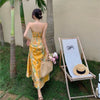 Summer Oil Painting Open Waist Strap Dress