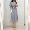 Long Sleeve Belted Pleated Chiffon Midi Dress