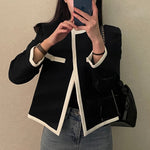 Classic Black & White Contrasting Trim Round Neck Open Front Jacket