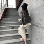 V-Neck Oversized Plaid Cardigan with Gold Button