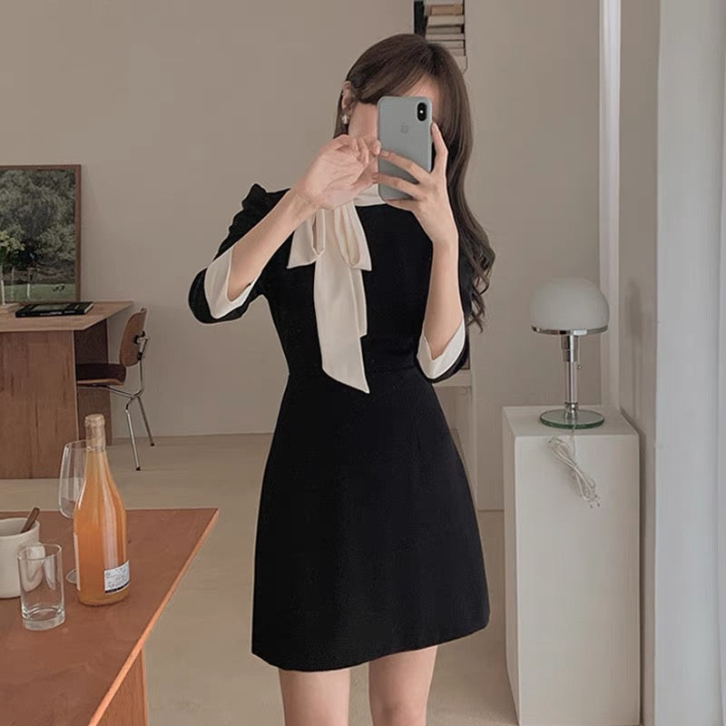 Classic Tie Neck Black Mini Dress