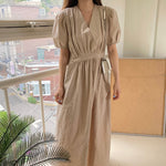 Matcha Green / Beige V-Neck Belted Dress with Pockets