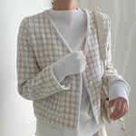 V-Neck Collarless Plaided Tweed Jacket