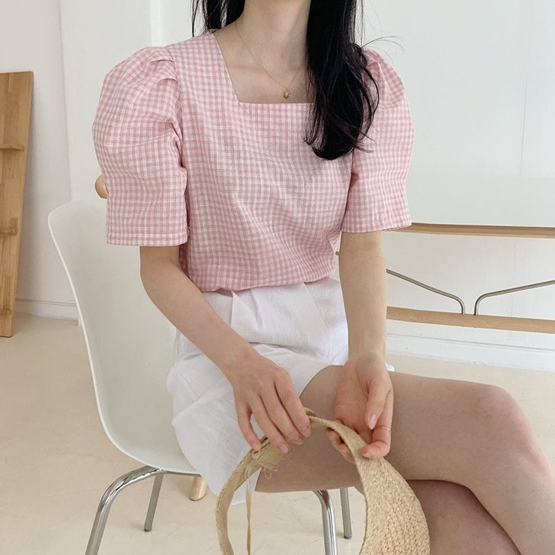 Square Neck Gingham Check Short Sleeve Blouse